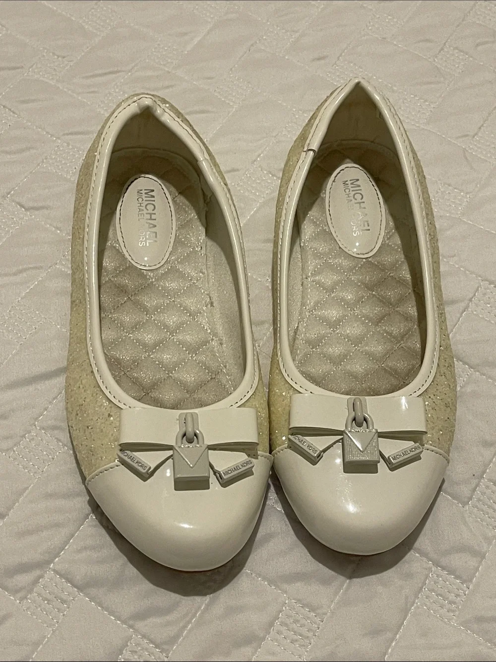 Michael Kors Cream Glitter Quilted Ballet Flats with Bow Detail